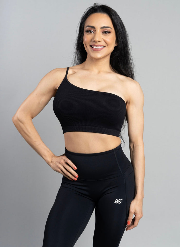 Black Ribbed One-Shoulder Bralette